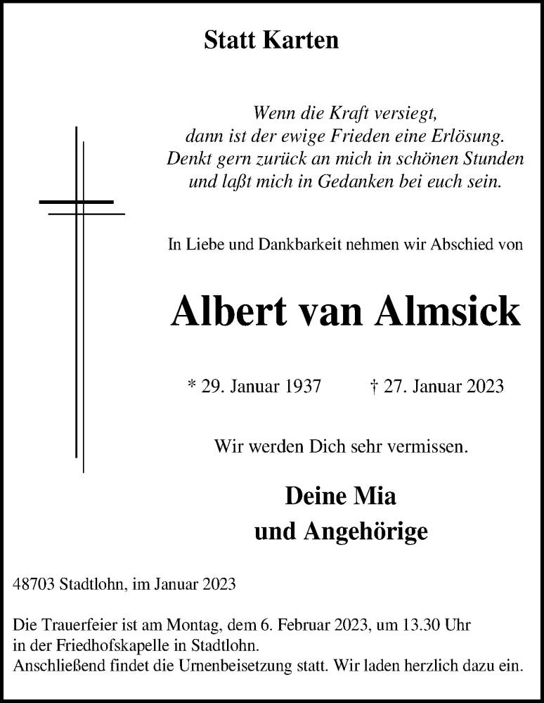  Traueranzeige für Albert van Almsick vom 02.02.2023 aus Münstersche Zeitung und Münsterland Zeitung
