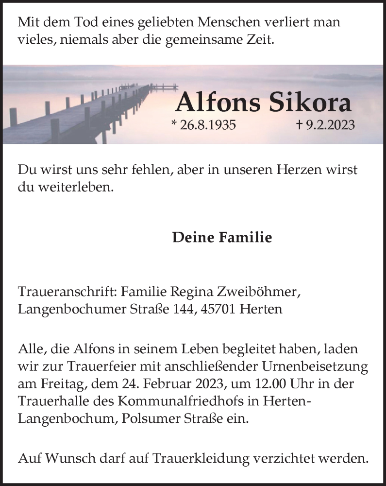  Traueranzeige für Alfons Sikora vom 17.02.2023 aus Medienhaus Bauer