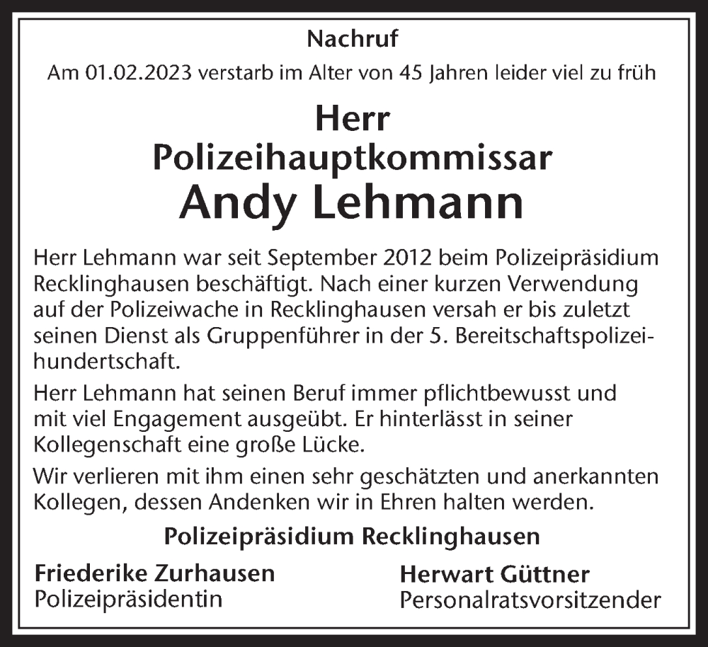  Traueranzeige für Andy Lehmann vom 16.02.2023 aus Medienhaus Bauer