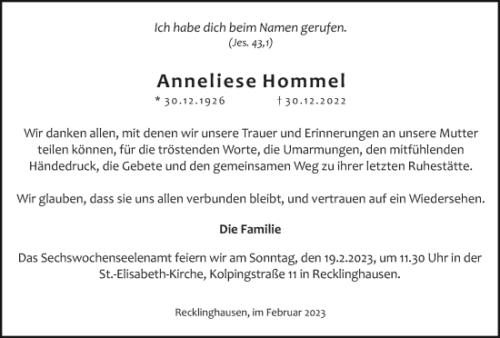 Traueranzeige von Anneliese Hommel von Medienhaus Bauer