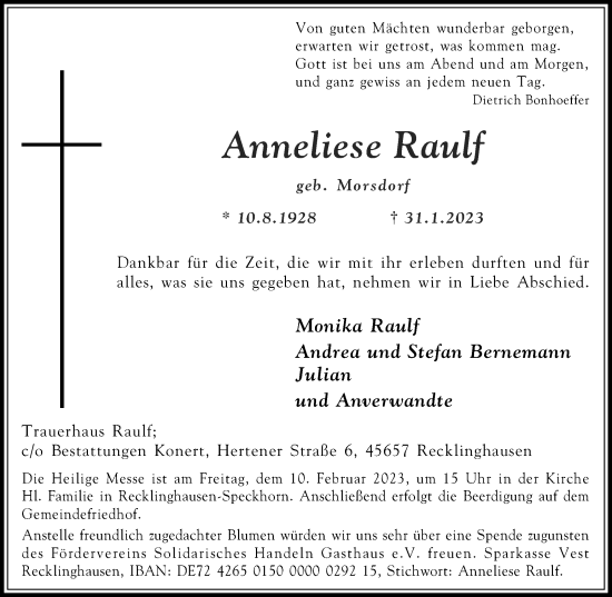 Traueranzeige von Anneliese Raulf von Medienhaus Bauer