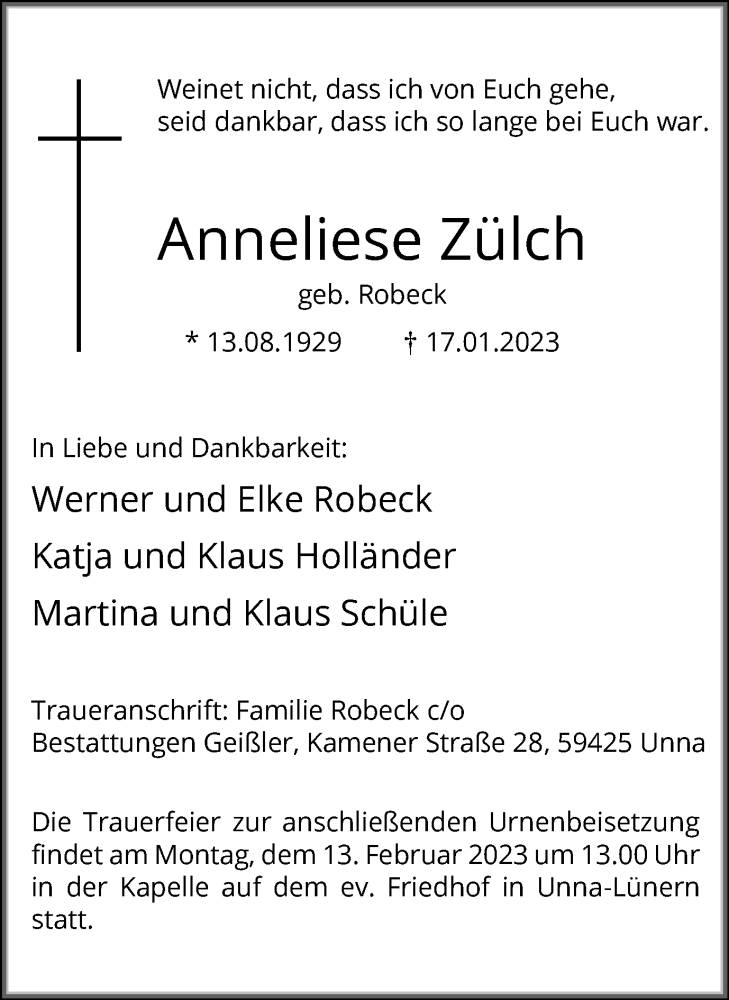  Traueranzeige für Anneliese Zülch vom 03.02.2023 aus Hellweger Anzeiger