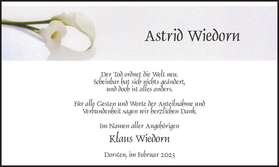 Traueranzeige von Astrid Wiedorn von Ruhr Nachrichten und Dorstener Zeitung
