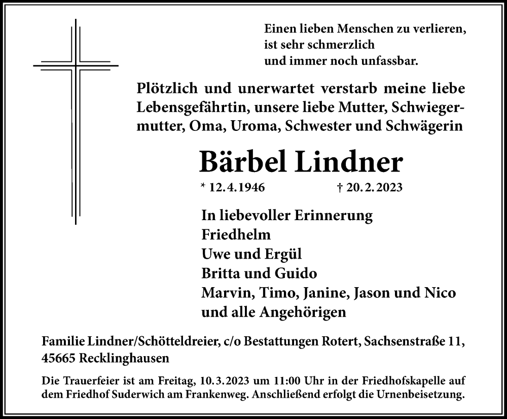  Traueranzeige für Bärbel Lindner vom 25.02.2023 aus Medienhaus Bauer