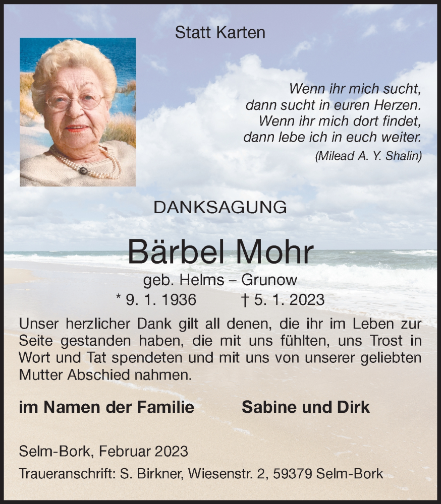  Traueranzeige für Bärbel Mohr vom 25.02.2023 aus Ruhr Nachrichten