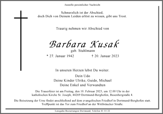 Traueranzeige von Barbara Kusak 