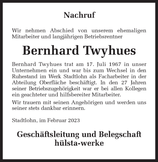 Traueranzeige von Bernhard Twyhues von Münstersche Zeitung und Münsterland Zeitung