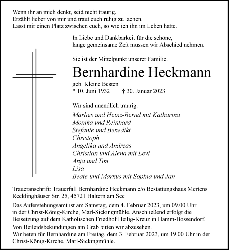  Traueranzeige für Bernhardine Heckmann vom 02.02.2023 aus Medienhaus Bauer