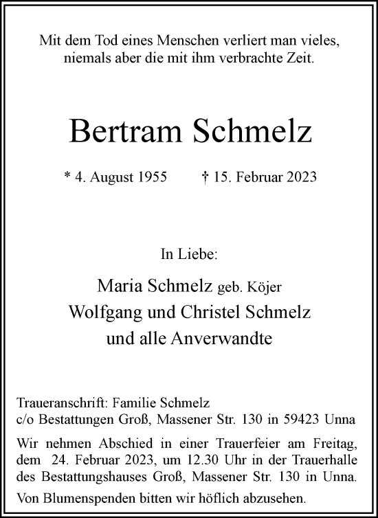 Traueranzeige von Bertram Schmelz von Hellweger Anzeiger