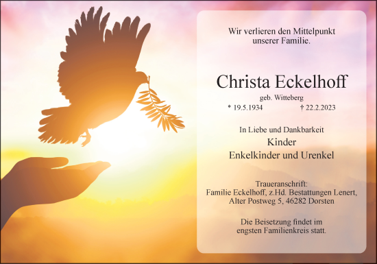 Traueranzeige von Christa Eckelhoff von Ruhr Nachrichten und Dorstener Zeitung