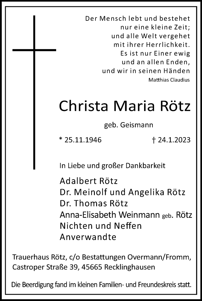  Traueranzeige für Christa Maria Rötz vom 11.02.2023 aus Medienhaus Bauer