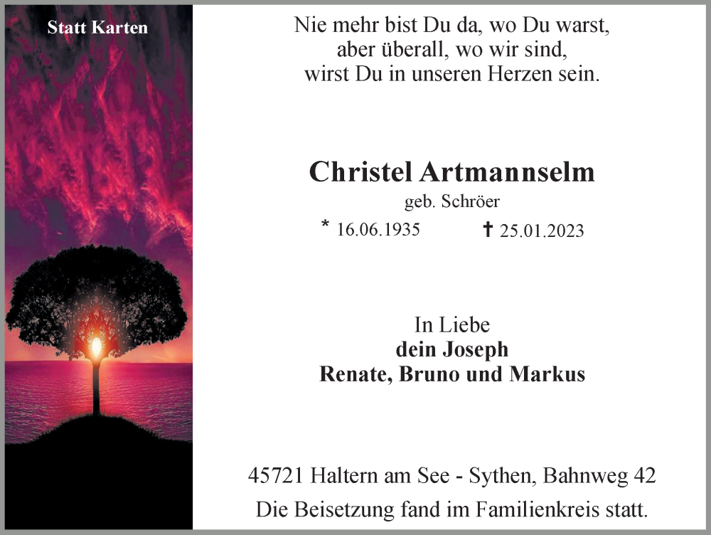  Traueranzeige für Christel Artmannselm vom 01.02.2023 aus Ruhr Nachrichten und Halterner Zeitung