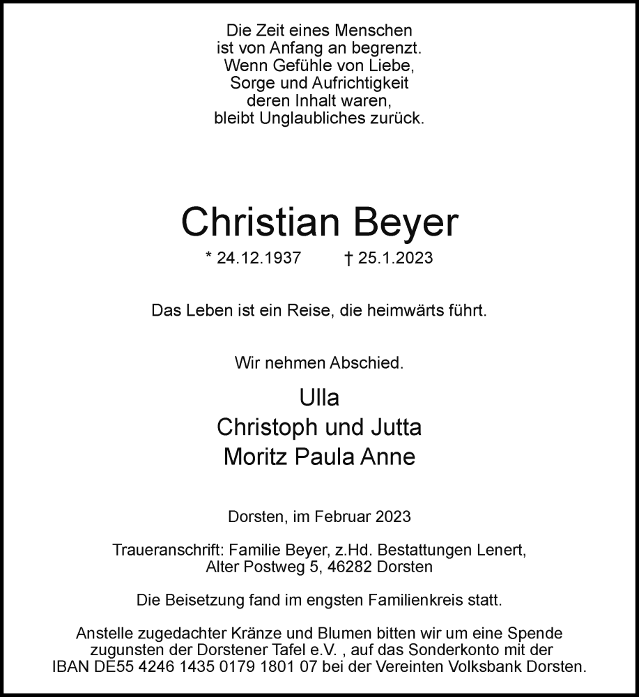  Traueranzeige für Christian Beyer vom 20.02.2023 aus Ruhr Nachrichten und Dorstener Zeitung