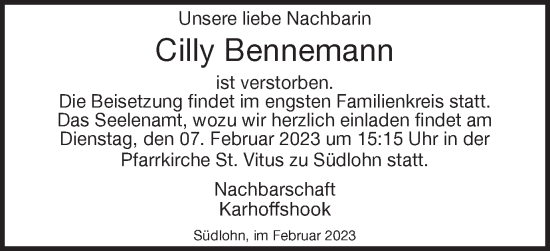 Traueranzeige von Cilly Bennemann von Münstersche Zeitung und Münsterland Zeitung