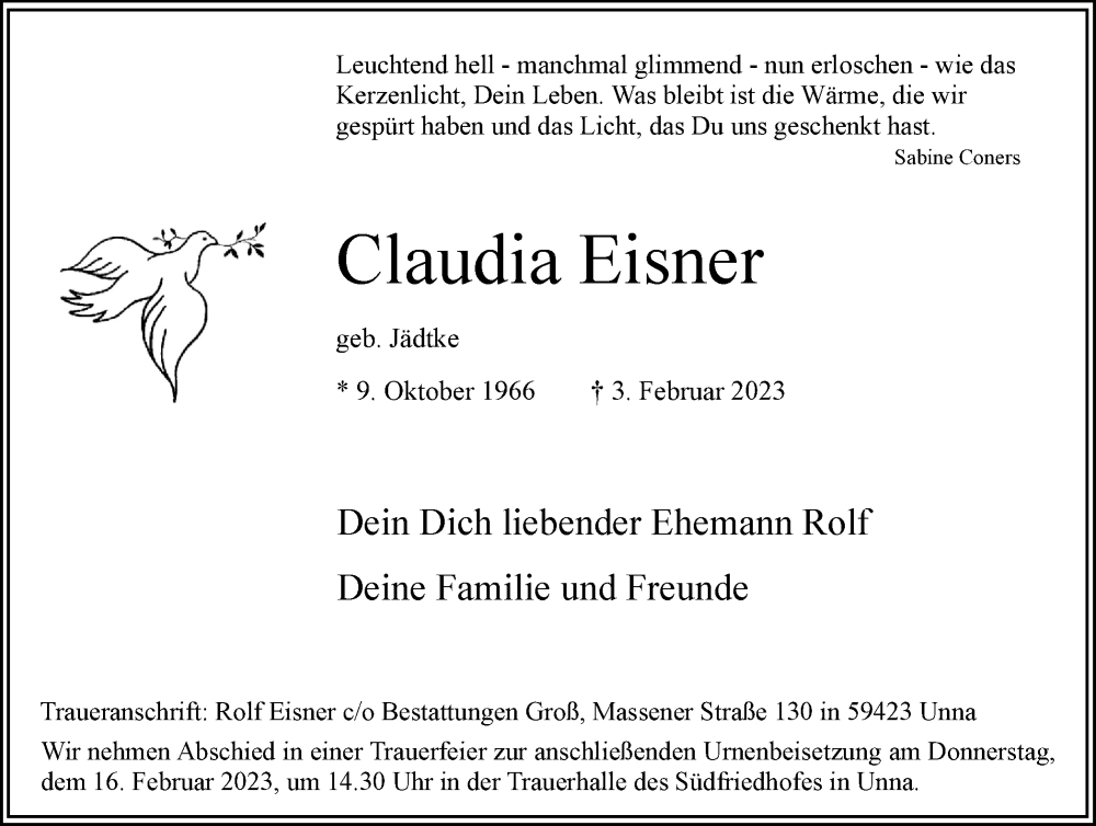  Traueranzeige für Claudia Eisner vom 09.02.2023 aus Hellweger Anzeiger