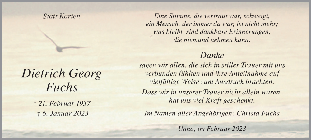  Traueranzeige für Dietrich Georg Fuchs vom 17.02.2023 aus Hellweger Anzeiger