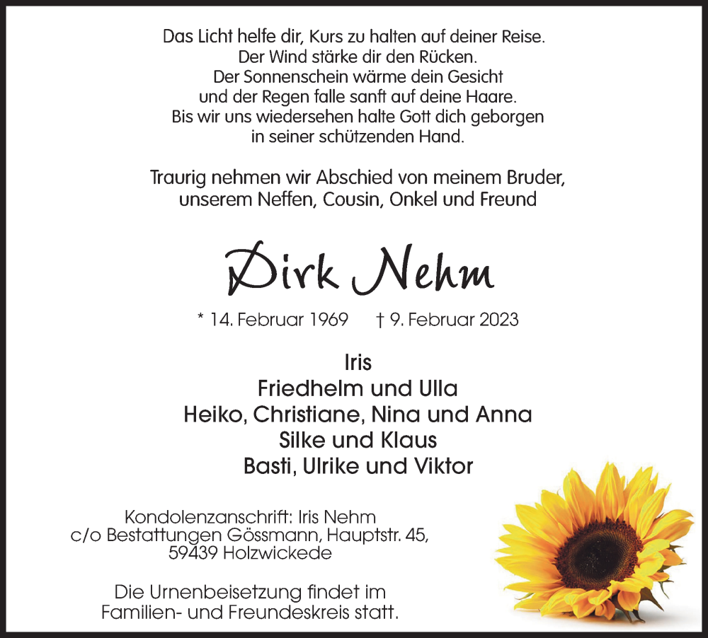  Traueranzeige für Dirk Nehm vom 18.02.2023 aus Hellweger Anzeiger