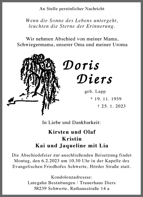 Traueranzeige von Doris Diers von Ruhr Nachrichten