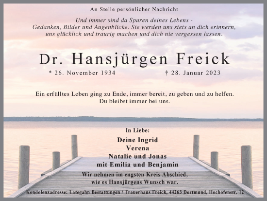 Traueranzeige von Dr. Hansjürgen Freick 