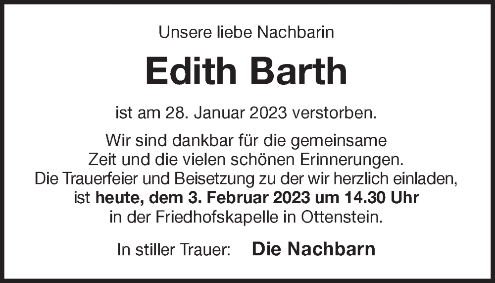  Traueranzeige für Edith Barth vom 03.02.2023 aus Münstersche Zeitung und Münsterland Zeitung