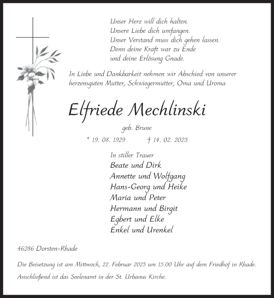 Traueranzeige von Elfriede Mechlinski von Ruhr Nachrichten und Dorstener Zeitung