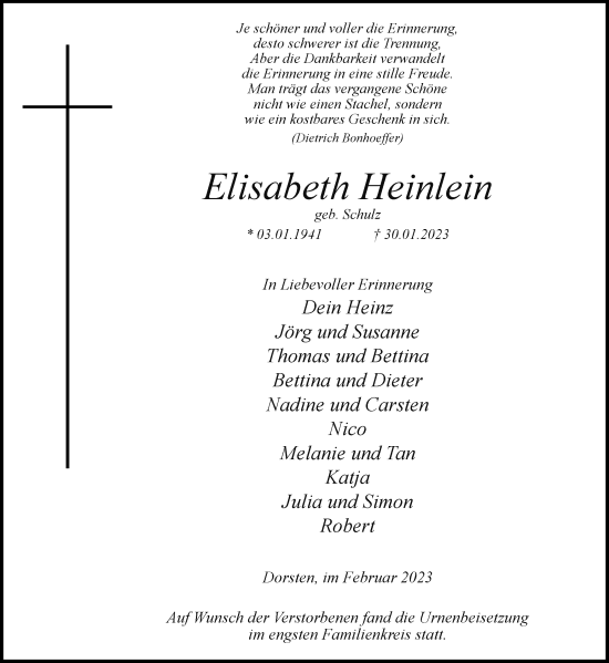 Traueranzeige von Elisabeth Neinlein von Ruhr Nachrichten und Dorstener Zeitung
