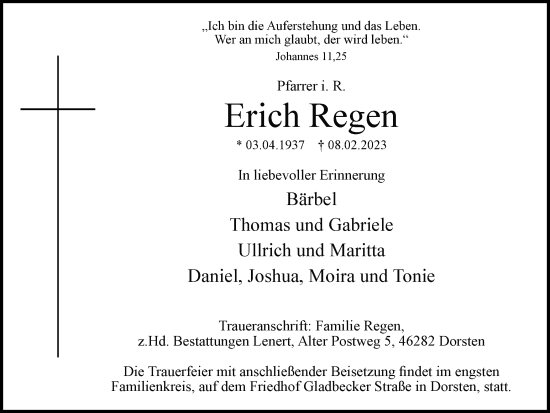 Traueranzeige von Erich Regen von Ruhr Nachrichten und Dorstener Zeitung