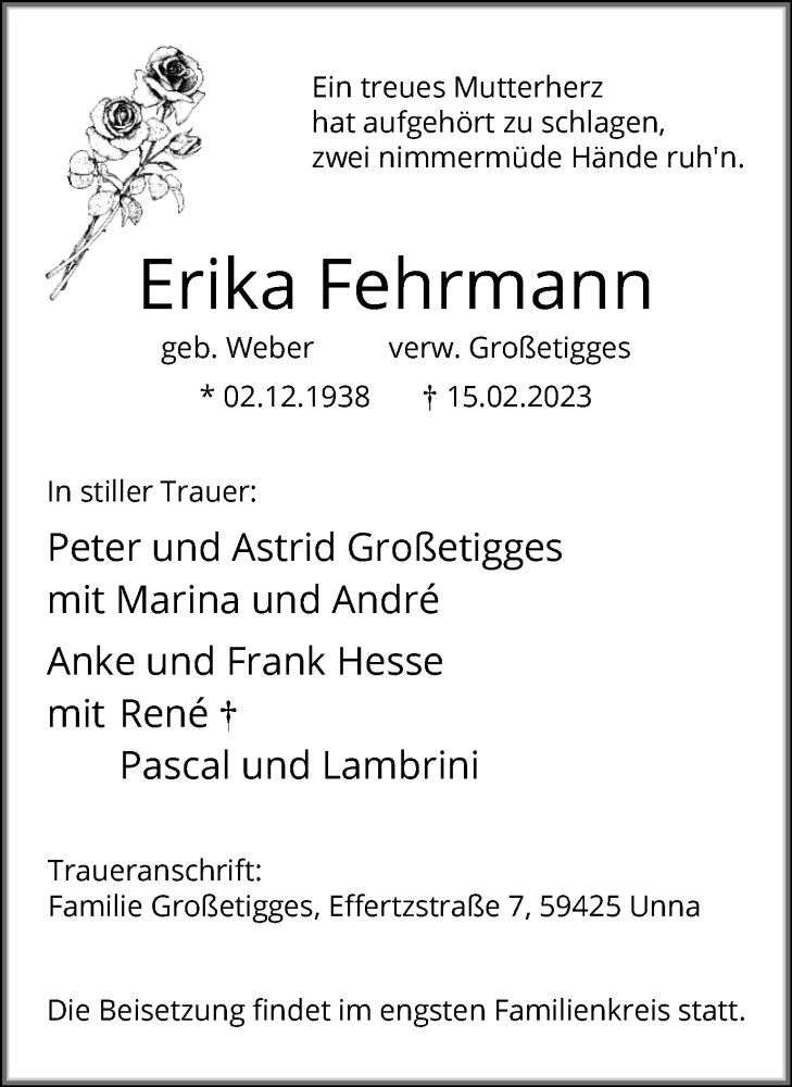  Traueranzeige für Erika Fehrmann vom 18.02.2023 aus Hellweger Anzeiger