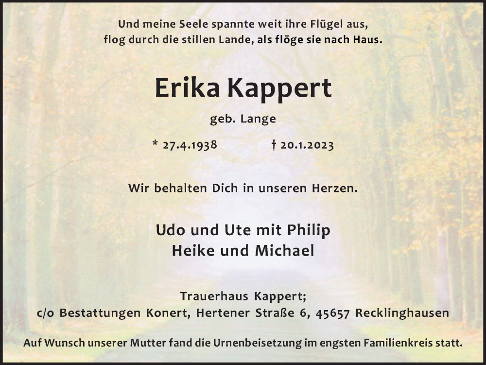  Traueranzeige für Erika Kappert vom 01.02.2023 aus Medienhaus Bauer