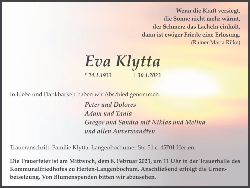  Traueranzeige für Eva Klytta vom 01.02.2023 aus Medienhaus Bauer