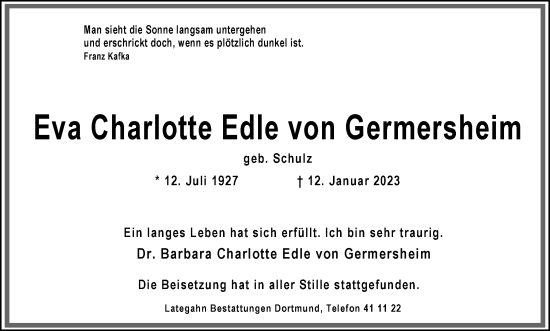 Traueranzeige von Eva Charlotte Edle von Germersheim 