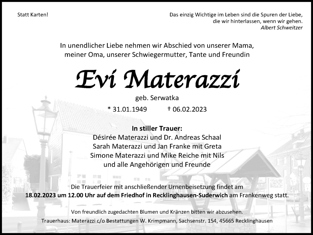  Traueranzeige für Evi Materazzi vom 11.02.2023 aus Medienhaus Bauer
