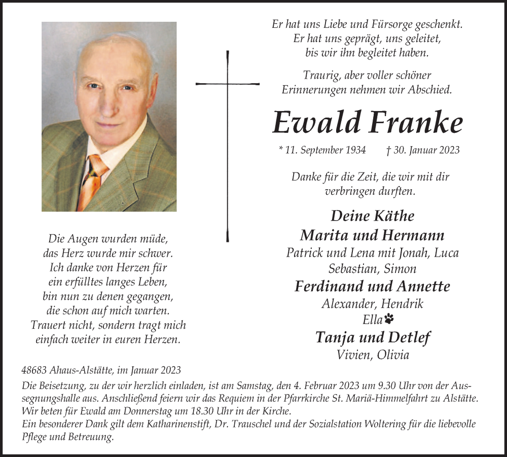  Traueranzeige für Ewald Franke vom 01.02.2023 aus Münstersche Zeitung und Münsterland Zeitung