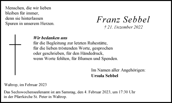 Traueranzeige von Franz Sebbel von Medienhaus Bauer