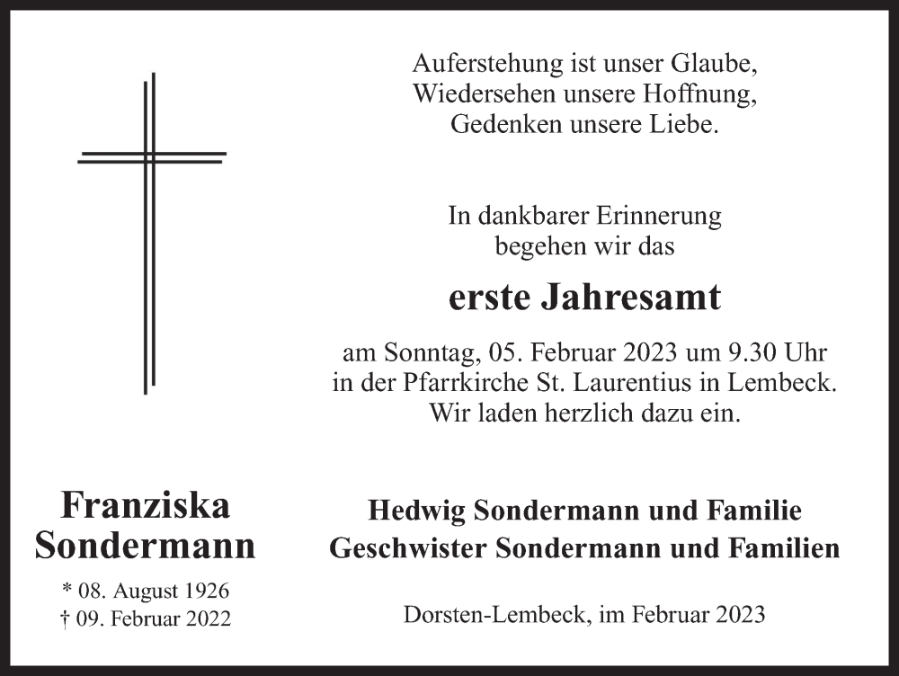  Traueranzeige für Franziska Sondermann vom 02.02.2023 aus Ruhr Nachrichten und Dorstener Zeitung