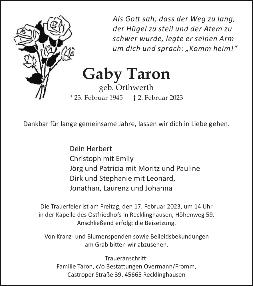  Traueranzeige für Gaby Taron vom 11.02.2023 aus Medienhaus Bauer
