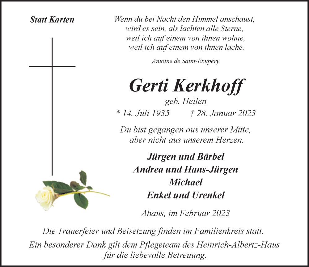  Traueranzeige für Gerti Kerkhoff vom 02.02.2023 aus Münstersche Zeitung und Münsterland Zeitung