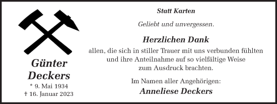 Traueranzeige von Günter Deckers von Ruhr Nachrichten und Halterner Zeitung