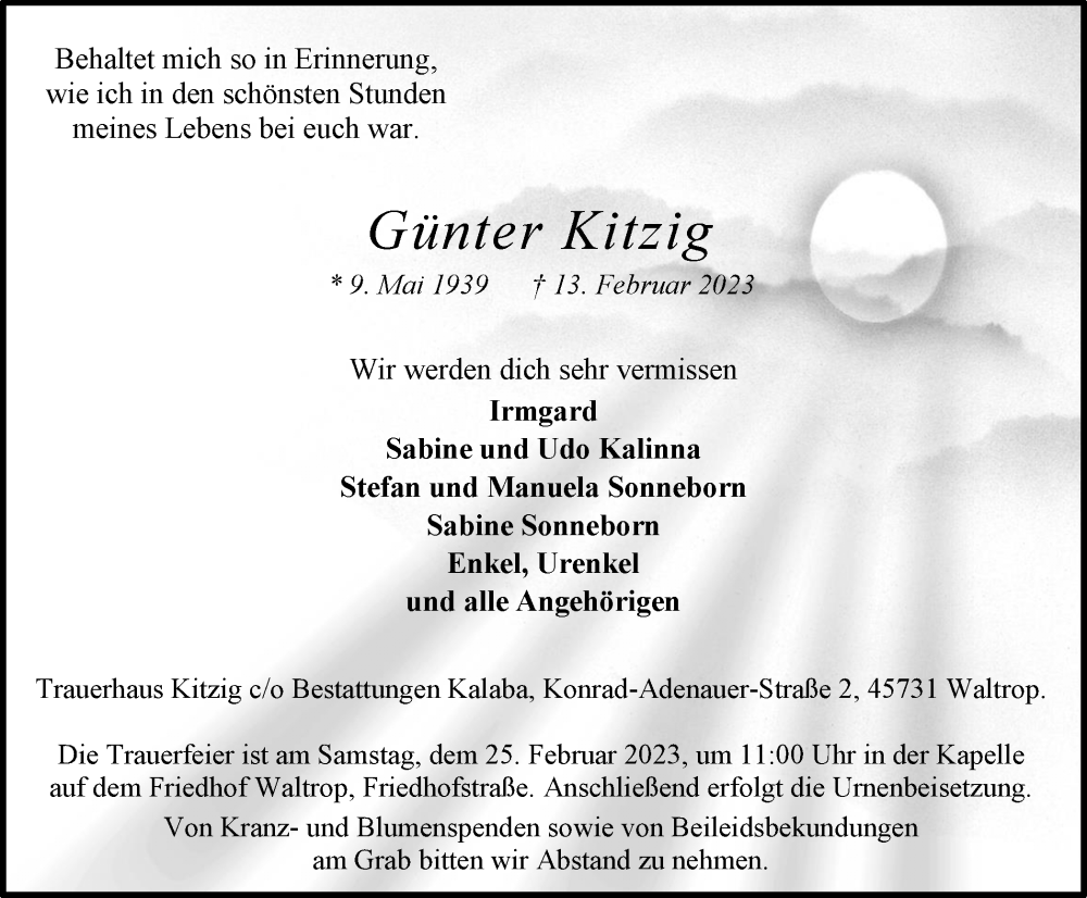  Traueranzeige für Günter Kitzig vom 18.02.2023 aus Medienhaus Bauer