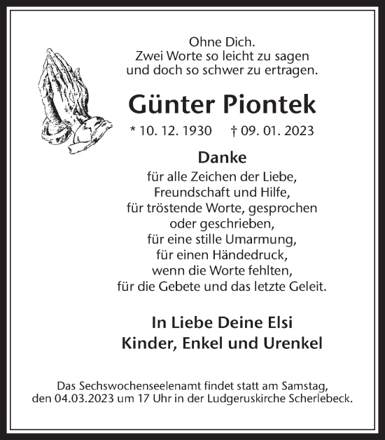 Traueranzeige von Günter Piontek von Medienhaus Bauer
