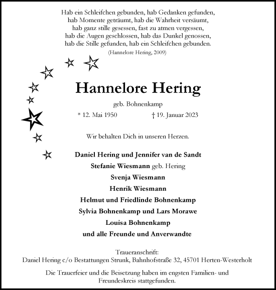 Traueranzeige von Hannelore Hering von Medienhaus Bauer