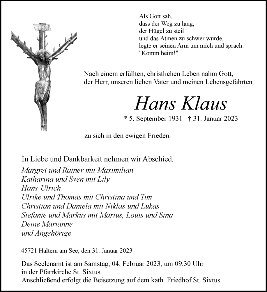  Traueranzeige für Hans Klaus vom 02.02.2023 aus Ruhr Nachrichten und Halterner Zeitung