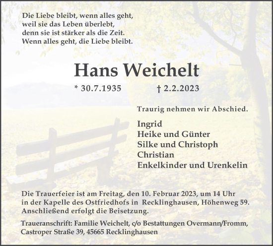 Traueranzeige von Hans Weichelt von Medienhaus Bauer
