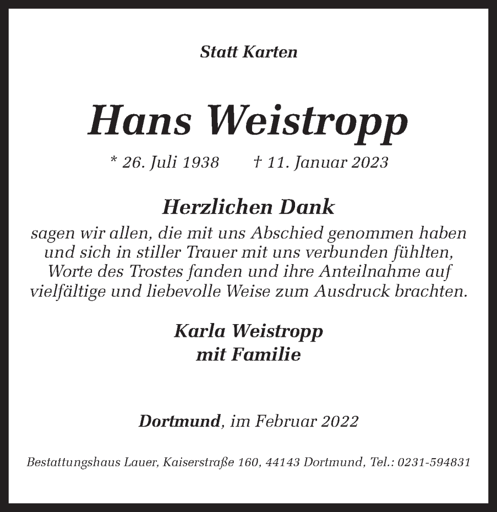  Traueranzeige für Hans Weistropp vom 18.02.2023 aus 