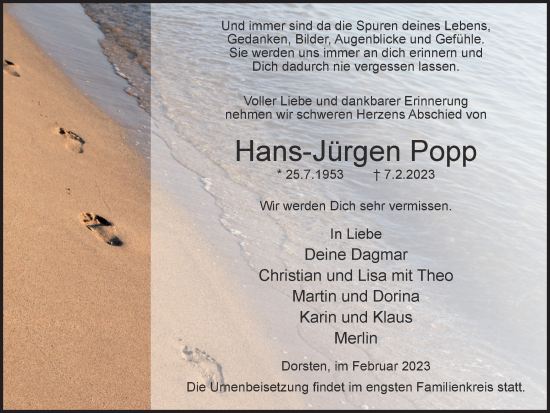 Traueranzeige von Hans Jürgen Popp von Ruhr Nachrichten und Dorstener Zeitung