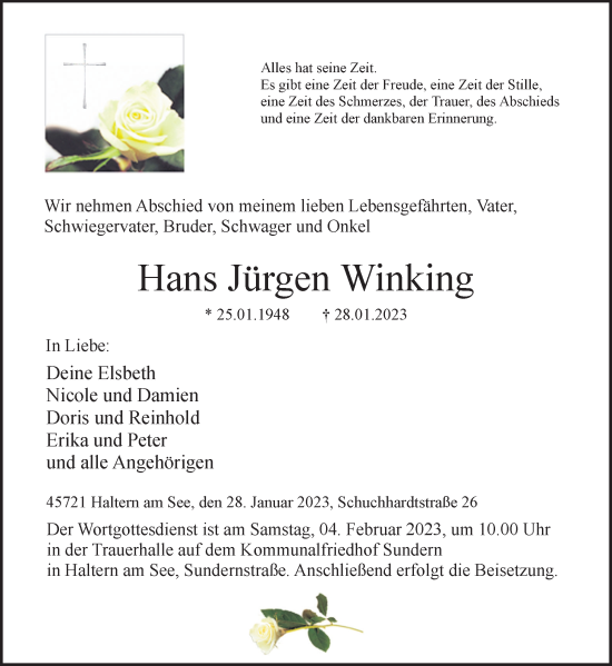 Traueranzeige von Hans Jürgen Winking von Ruhr Nachrichten und Halterner Zeitung