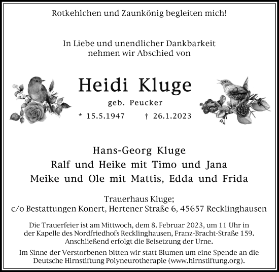 Traueranzeige von Heidi Kluge von Medienhaus Bauer