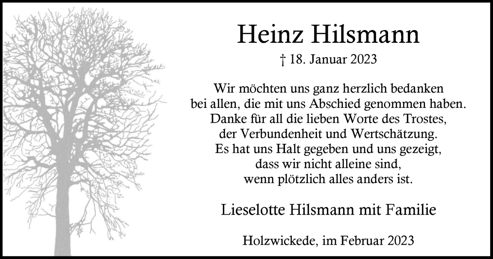  Traueranzeige für Heinz Hilsmann vom 08.02.2023 aus Hellweger Anzeiger