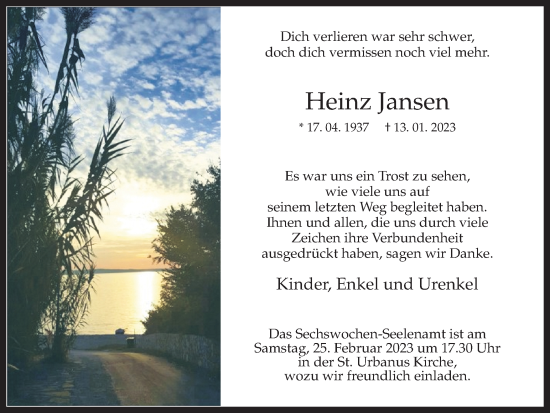 Traueranzeige von Heinz Jansen von Ruhr Nachrichten und Dorstener Zeitung