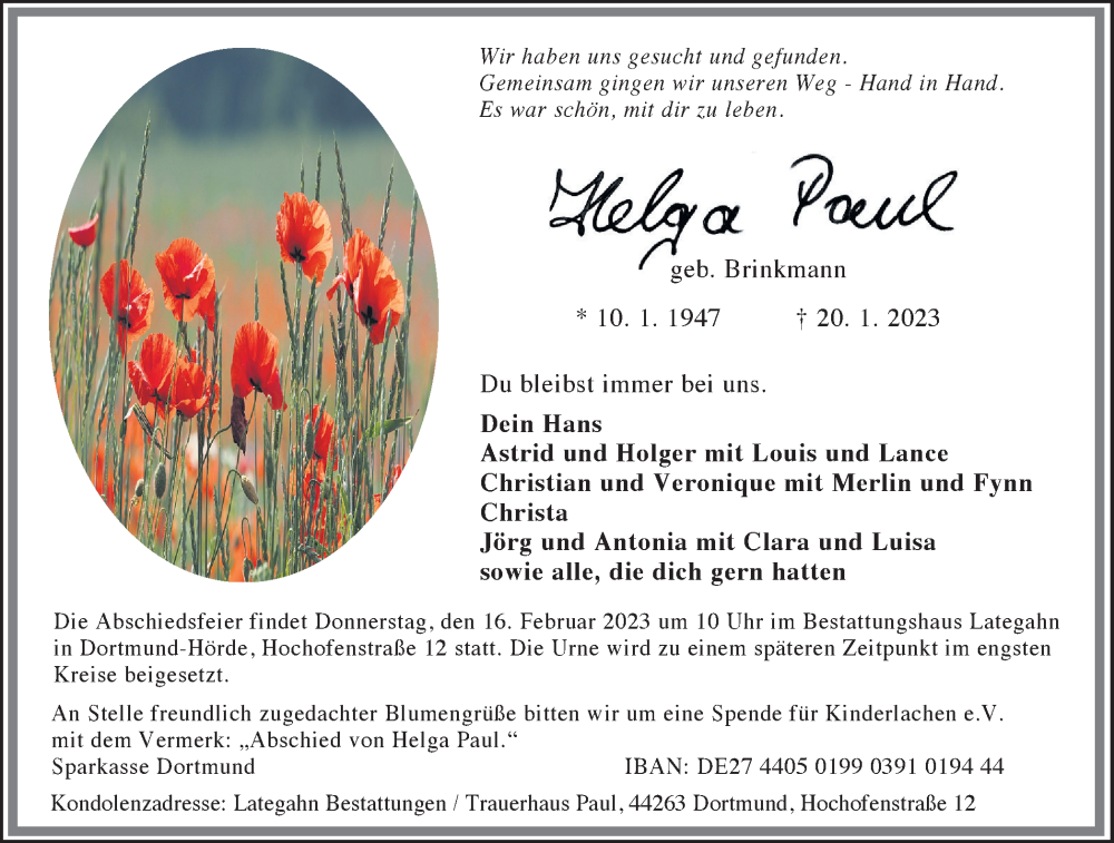  Traueranzeige für Helga Paul vom 04.02.2023 aus 
